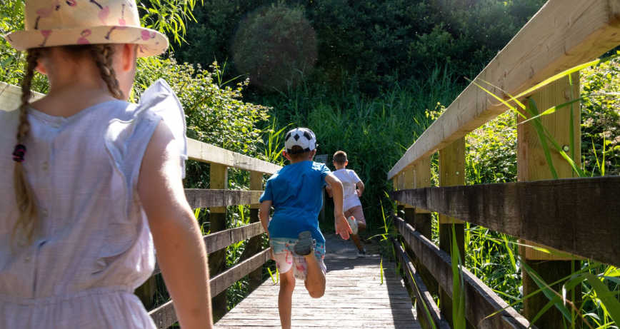 Three children running along a sunny boardwalk in Castle Espie